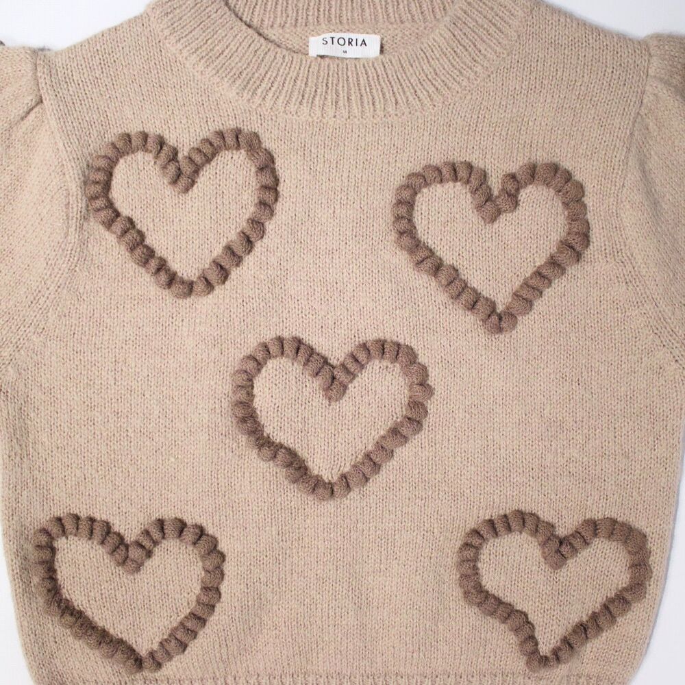 Storia Anthropologie Beige Wool Blend Short Sleeve Sweater Hearts Women Size M - Picture 6 of 10